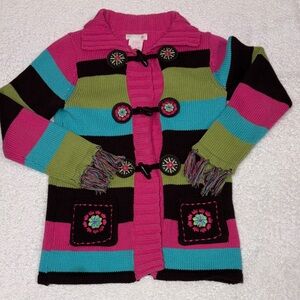 Jillian’s closet striped fringe funky Colorful Kids Sweater Toggle Buttons m5/6
